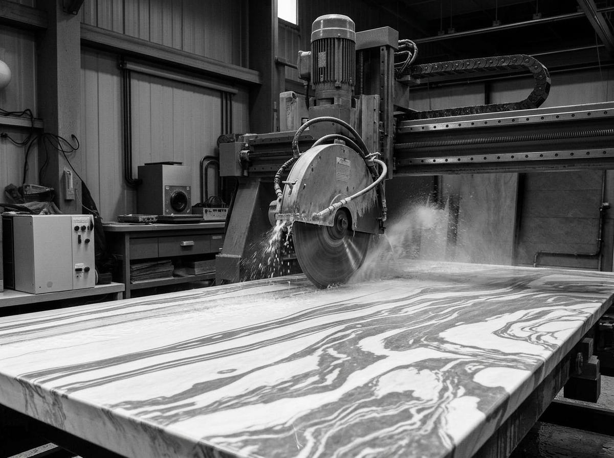Precision Stone Design LLC fabrication shop in Raleigh, NC with CNC bridge saw cutting natural stone