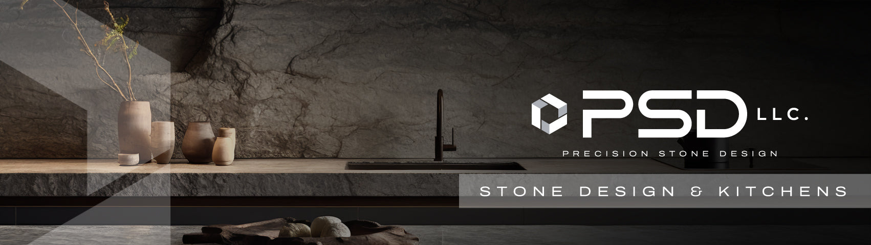 Modern kitchen setup with PSD LLC branding